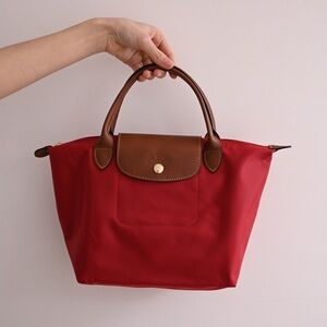 Longchamp Red and Brown Tote with Foldable Design